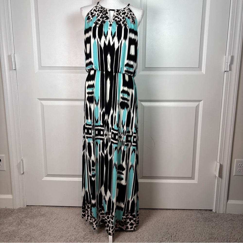 London Style Collection Geometric Ikat Leopard Print Maxi Dress Teal Black Sz 12 - Picture 2 of 11